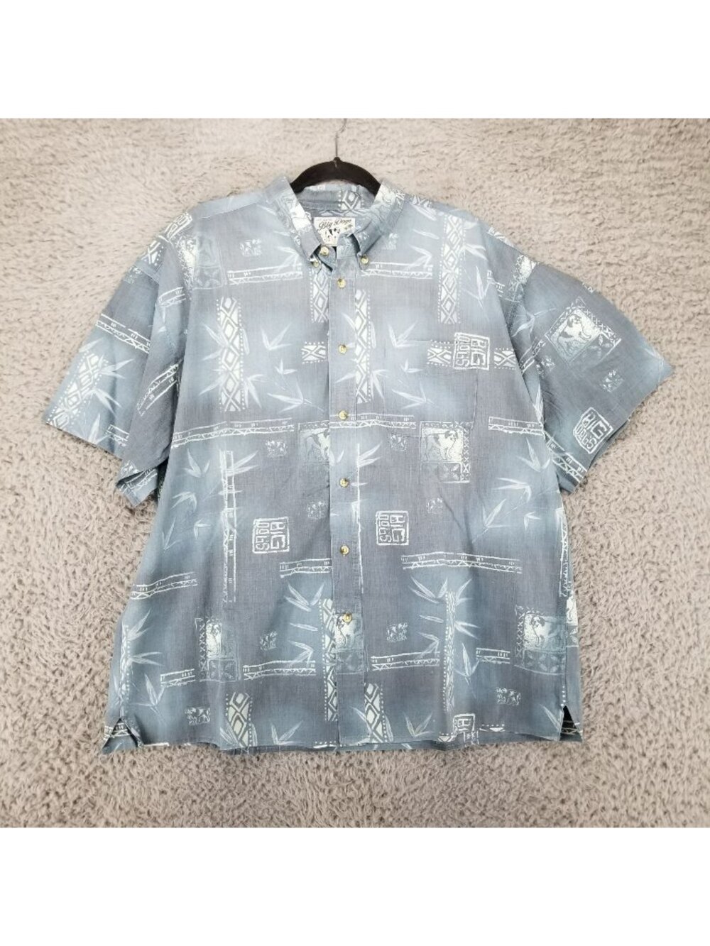 Big Dogs Shirt Mens XL Blue Tropical Tribal Print Polyester Rayon Short Sleeve